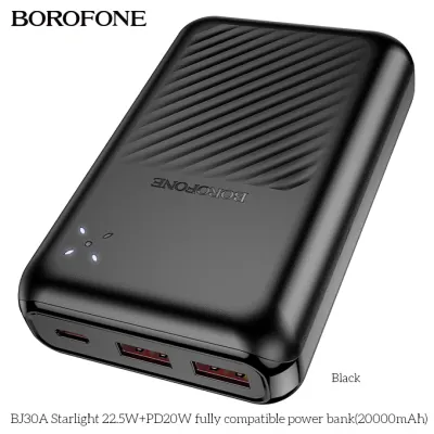 Borofone BJ30A Starlight 22.5W+PD20W 20000mAh qora portativ akkumulyatori