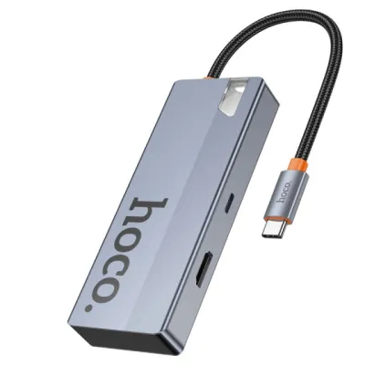 Hoco Wow HB50 Type-C 5‑in‑1 (3×USB-A, HDMI, 100W) ko‘p funksiyali HUB-adapteri. Macbook va noutbuklar uchun