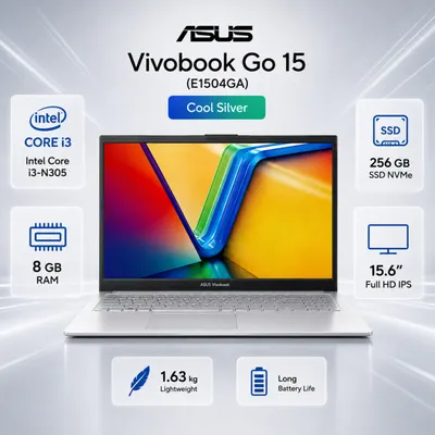 Ноутбук ASUS Vivobook Go E1504GA (Intel Core i3-N305 / 8GB / 256GB SSD / 15,6″ FHD IPS) Cool Silver (ASUS00310) — для продуктивной учёбы