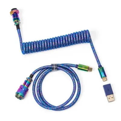 Type-A/Type-C Keychron Premium Coiled Aviator Cable — Straight Rainbow Palted Blue kabeli